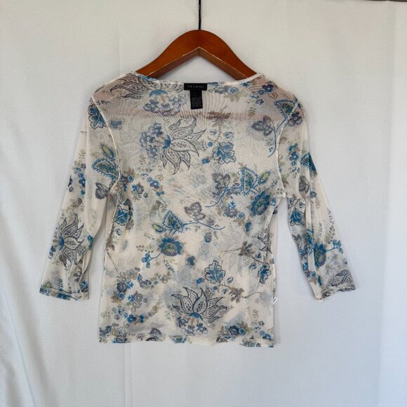 90s Vintage The Limited Sheer Ivory Blue Floral Print 3/4 Sleeve V Neck Top - Picture 8 of 12